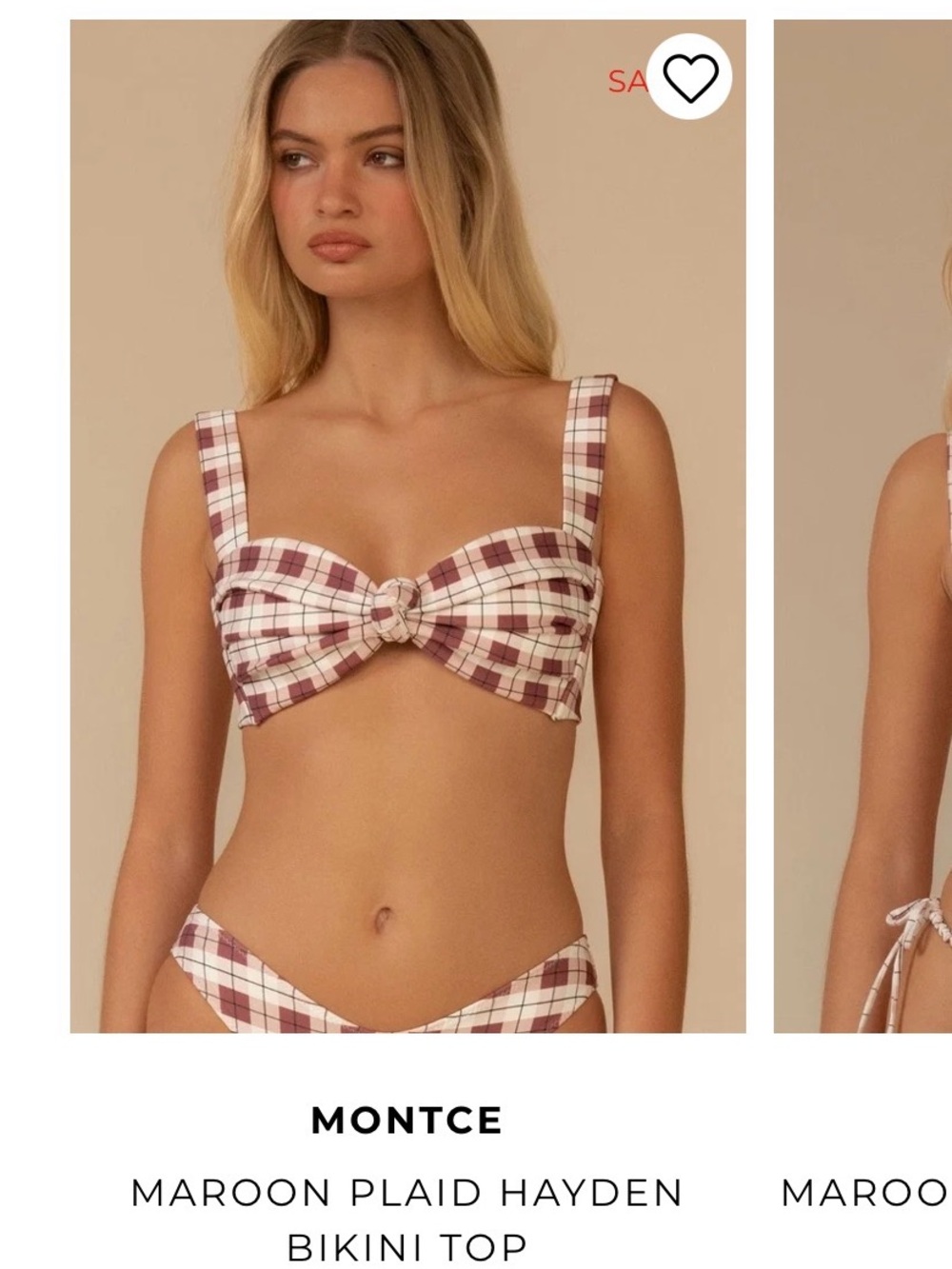 Montce Maroon Plaid Knot-Front Bikini Top